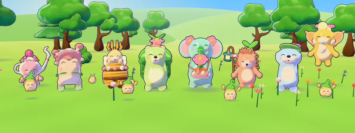 All eight Guardians standing in a row on the meadow.
